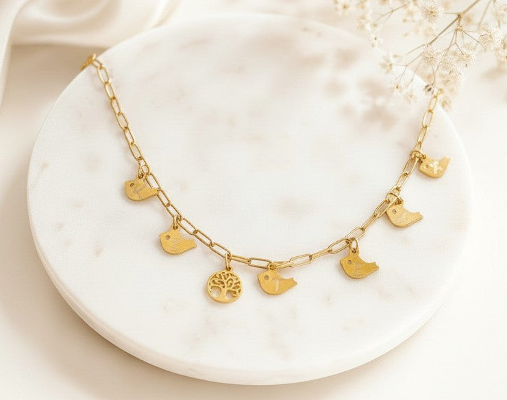 Personalized Stainless Steel Family Tree Necklace with Baby Bird Charms