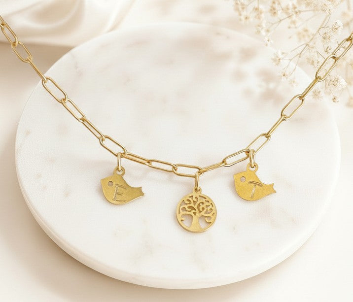 Personalized Stainless Steel Family Tree Necklace with Baby Bird Charms