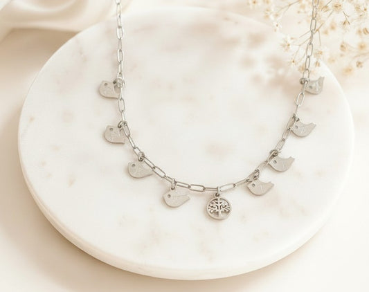 Personalized Stainless Steel Family Tree Necklace with Baby Bird Charms
