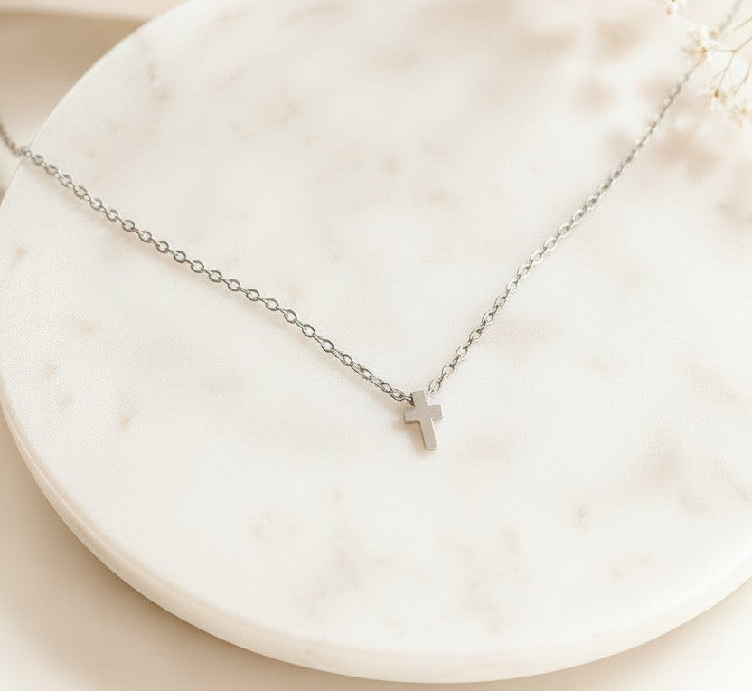 Tiny Cross Charm Necklace • Stainless Steel & Gold over Stainless Steel
