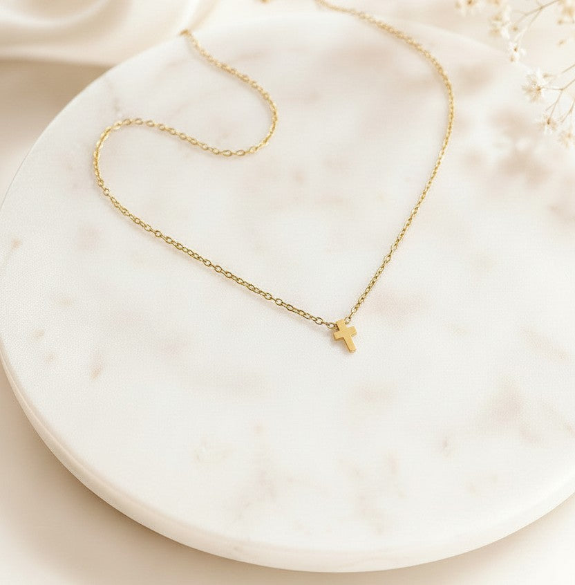 Tiny Cross Charm Necklace • Stainless Steel & Gold over Stainless Steel