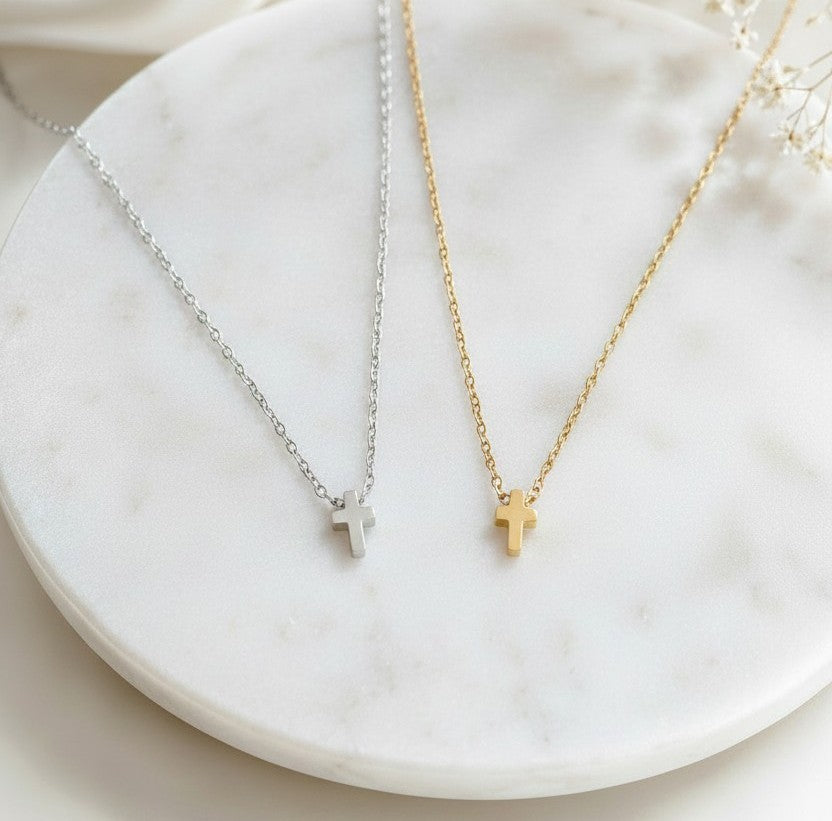 Tiny Cross Charm Necklace • Stainless Steel & Gold over Stainless Steel