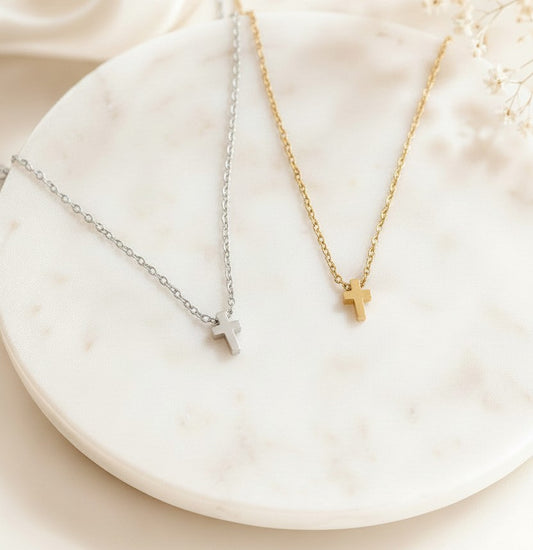 Tiny Cross Charm Necklace • Stainless Steel & Gold over Stainless Steel