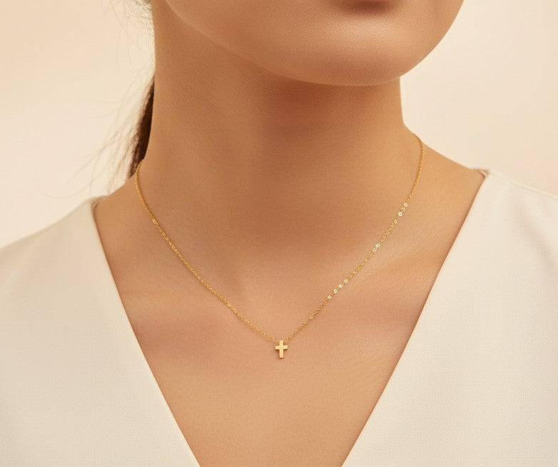 Tiny Cross Charm Necklace • Stainless Steel & Gold over Stainless Steel