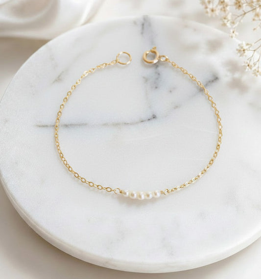 Tiny White Freshwater Pearl Bar Bracelet • Sterling Silver & Gold Filled or Rose Gold