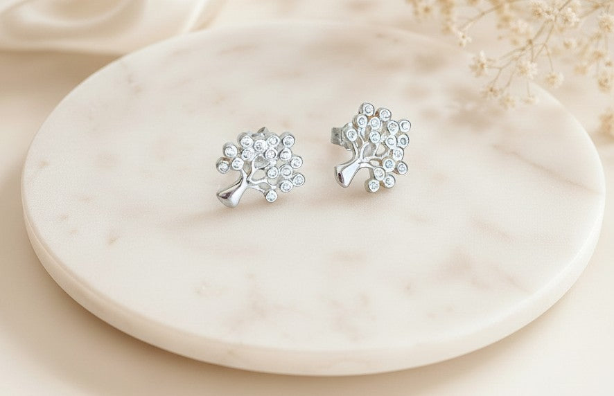 Sterling Silver Tree Stud Earrings with Tiny CZ  accent