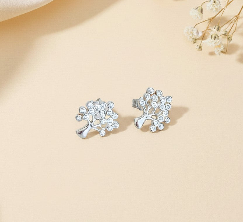 Sterling Silver Tree Stud Earrings with Tiny CZ  accent