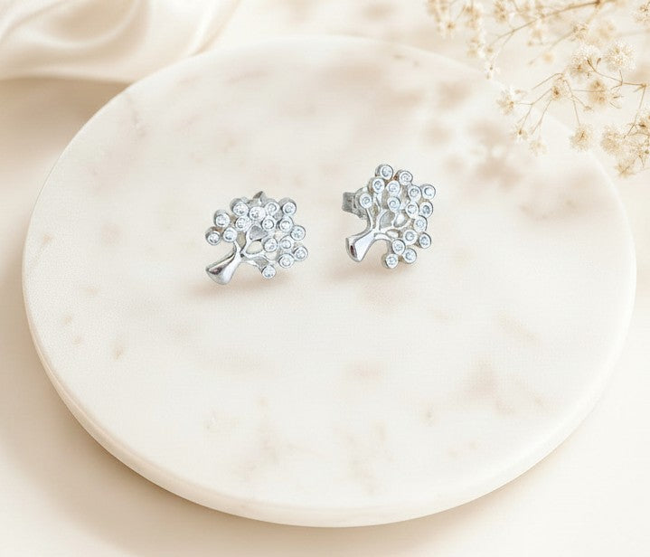 Sterling Silver Tree Stud Earrings with Tiny CZ  accent