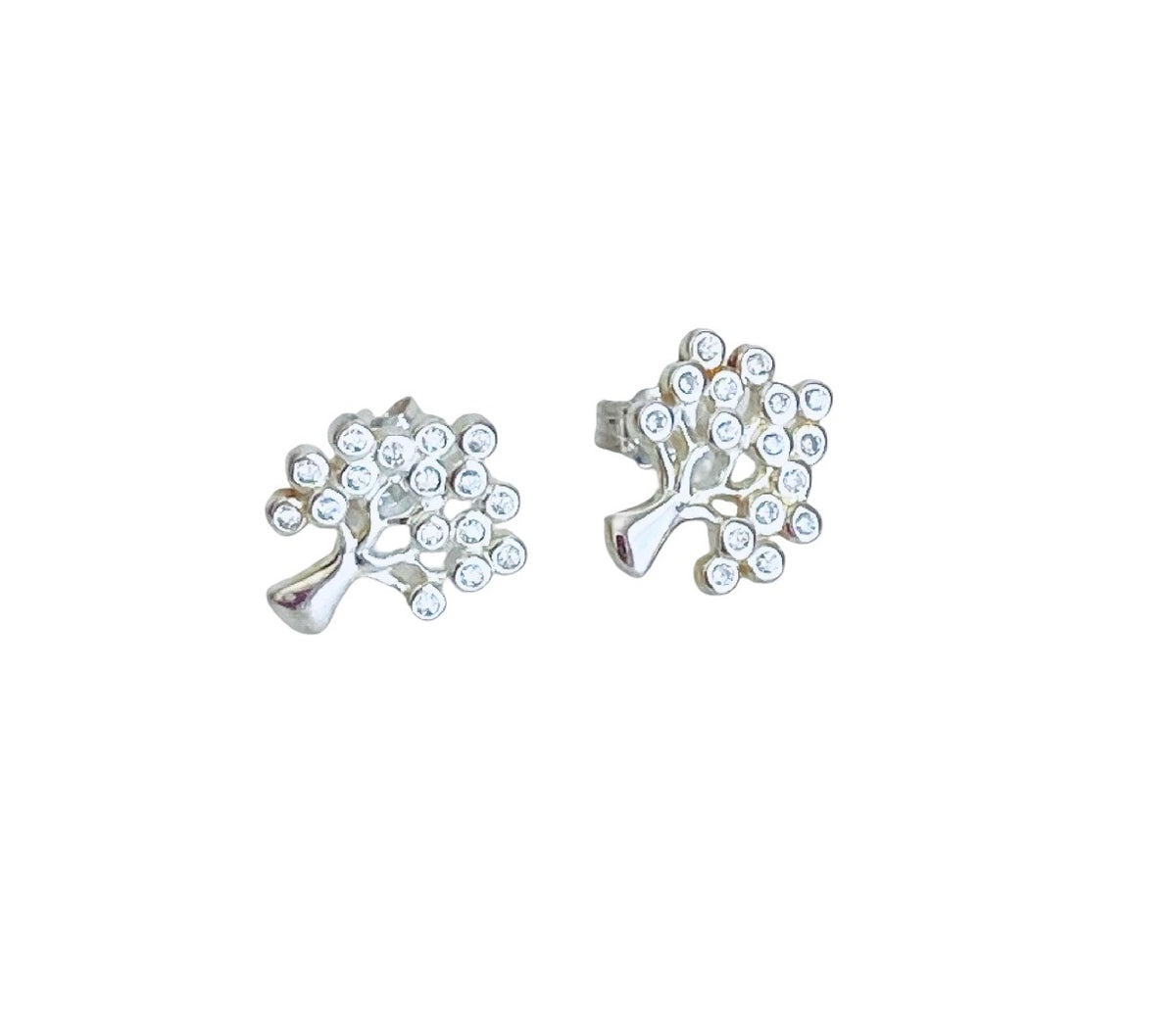 Sterling Silver Tree Stud Earrings with Tiny CZ  accent