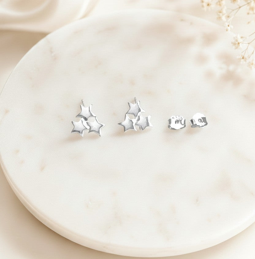 Sterling Silver Triple Star Stud Earrings