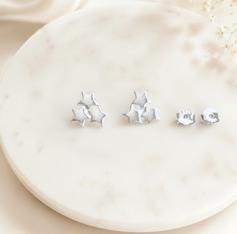 Sterling Silver Triple Star Stud Earrings