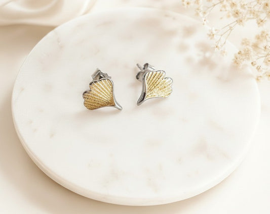 Sterling Silver Two Tone Leaf Stud Earrings
