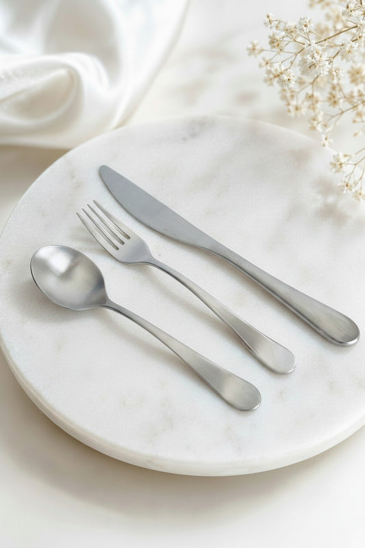 Personalized Stainless Steel Matte Utensils • Custom Engraved Knife, Fork & Spoon