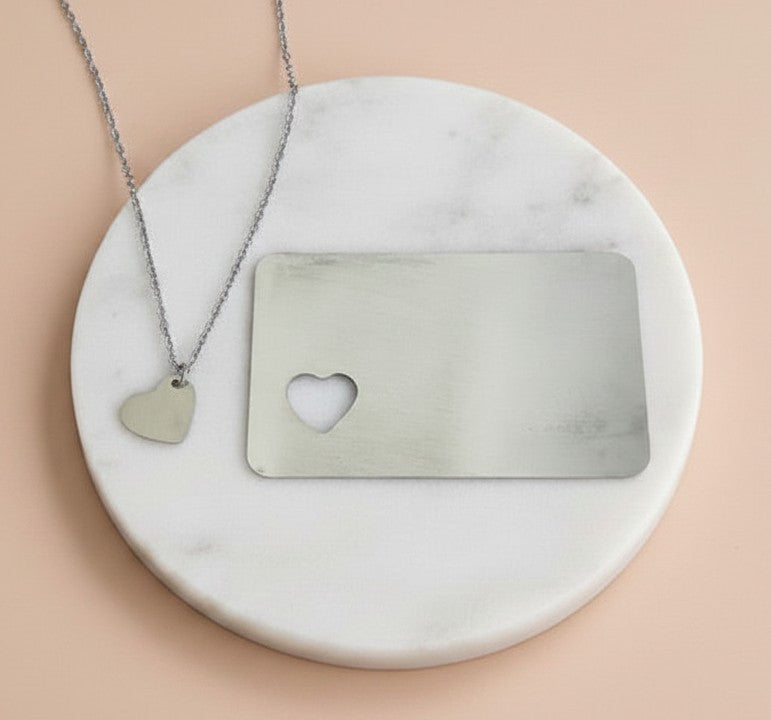 Personalized Pocket Wallet Card & Heart Charm Necklace Set