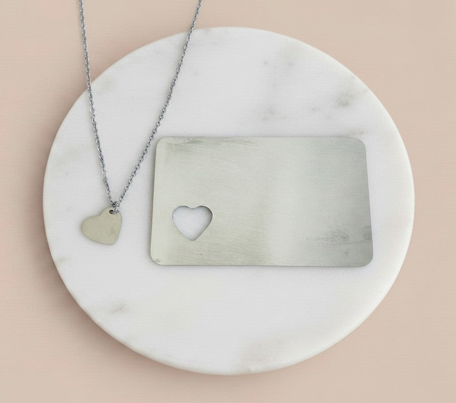 Personalized Pocket Wallet Card & Heart Charm Necklace Set