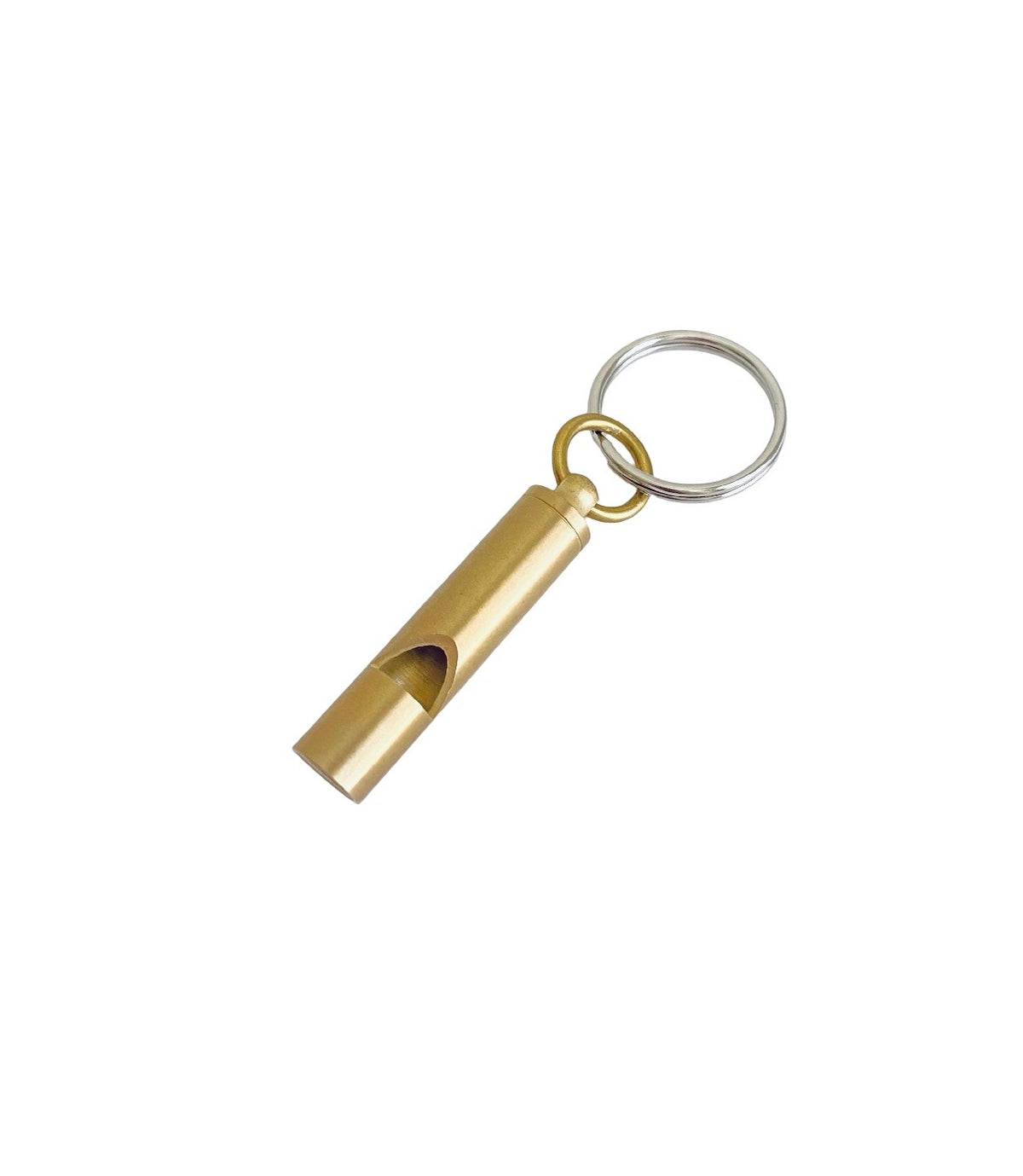 A brass-colored metal whistle keychain with a silver split ring, shown on a plain white background.