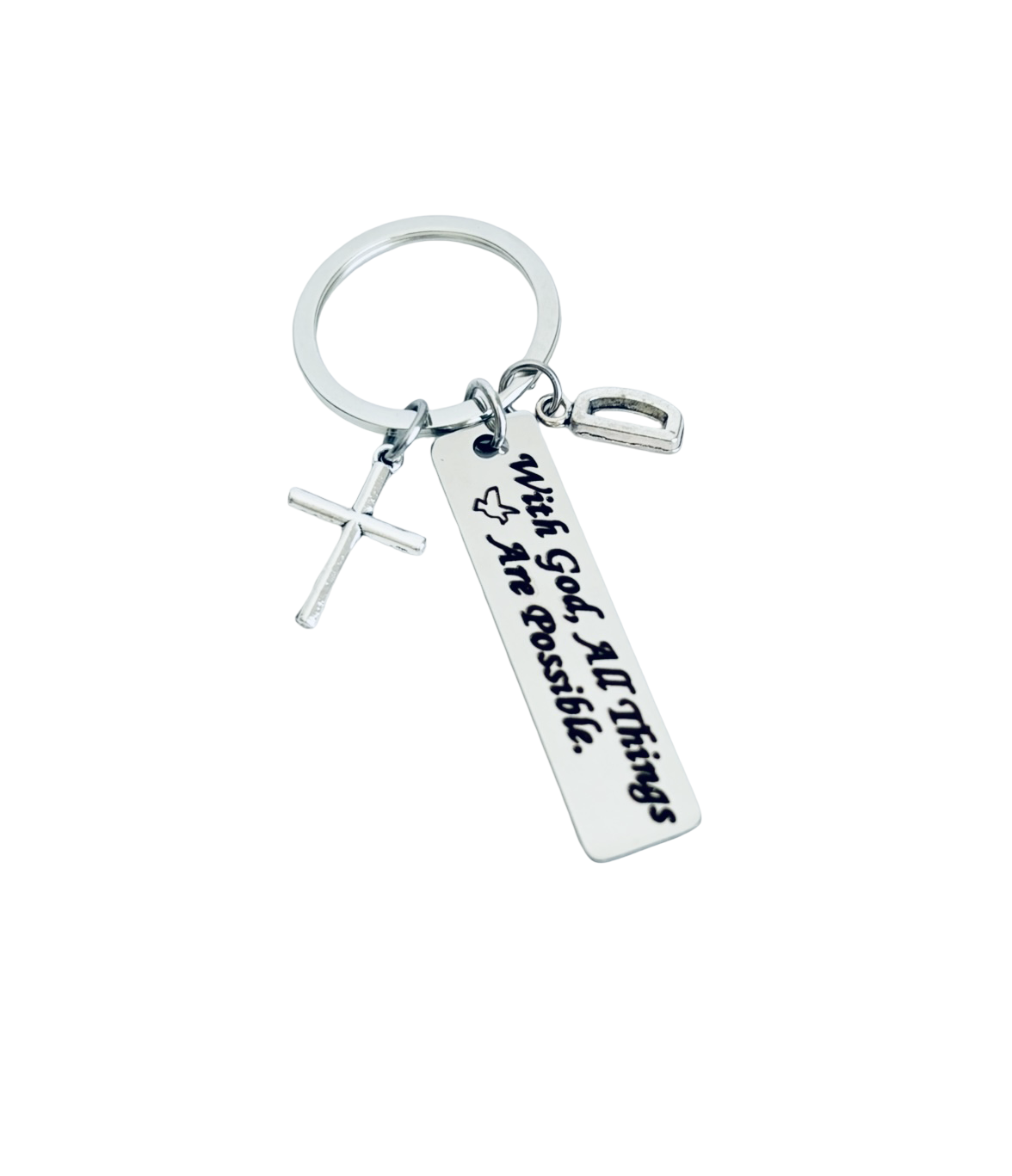 Keychain with cross and motivational tag on a white background