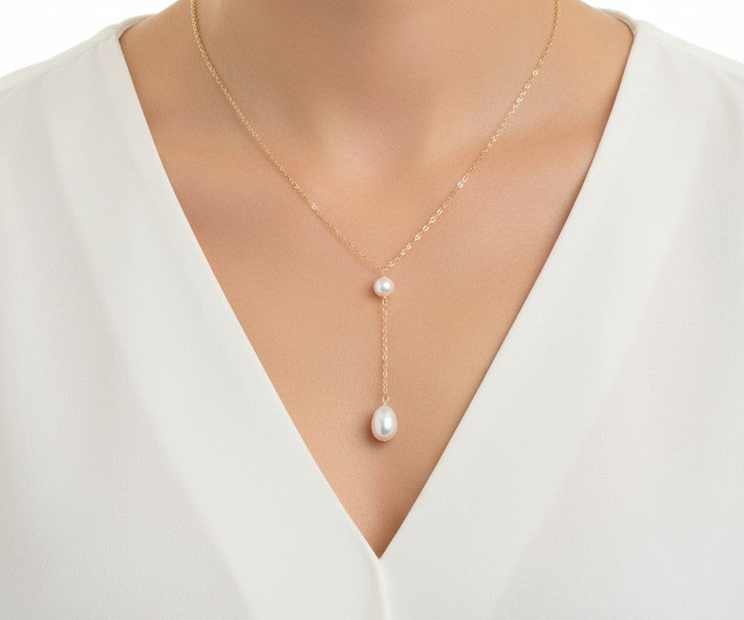 Dangle Y Pearl Pendant Necklace • Sterling Silver & Gold Filled