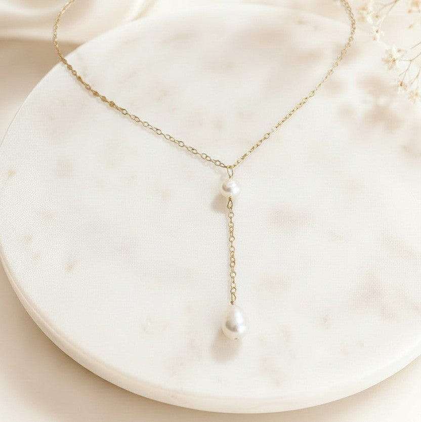 Dangle Y Pearl Pendant Necklace • Sterling Silver & Gold Filled