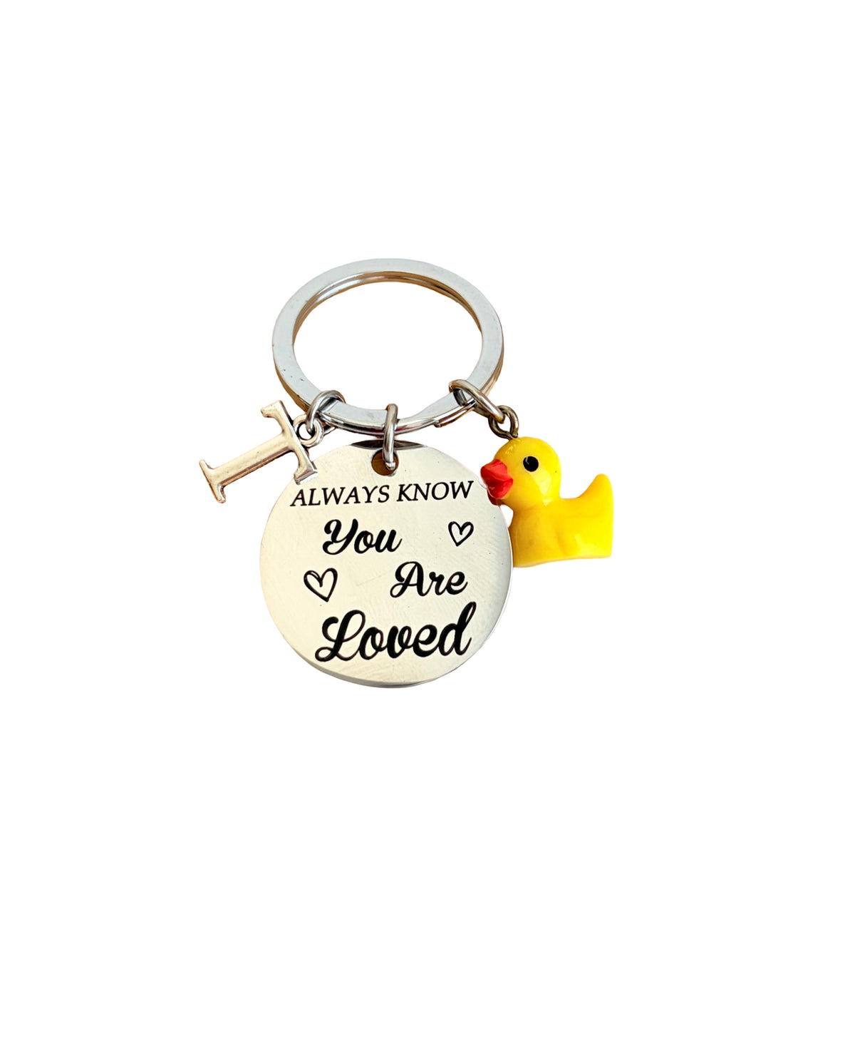 Keychain with 'Always Know You Are Loved' tag and rubber duck charm on a white background
