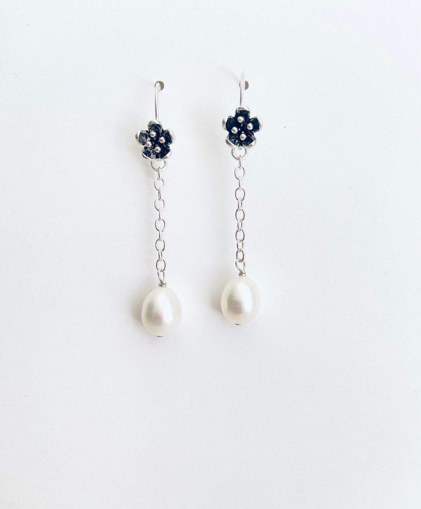 Sterling Silver Dangle Pearl Earrings with Vintage Flower Ear Hook