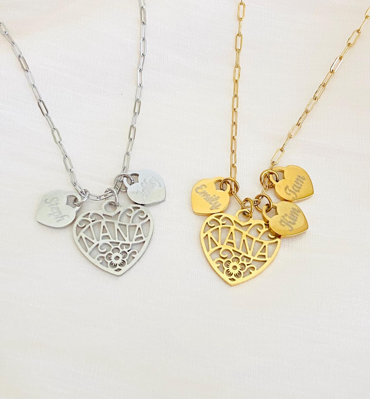 Personalized Nana Necklace with Engraved Heart Charms • Custom Grandma Necklace in Stainless Steel or Gold