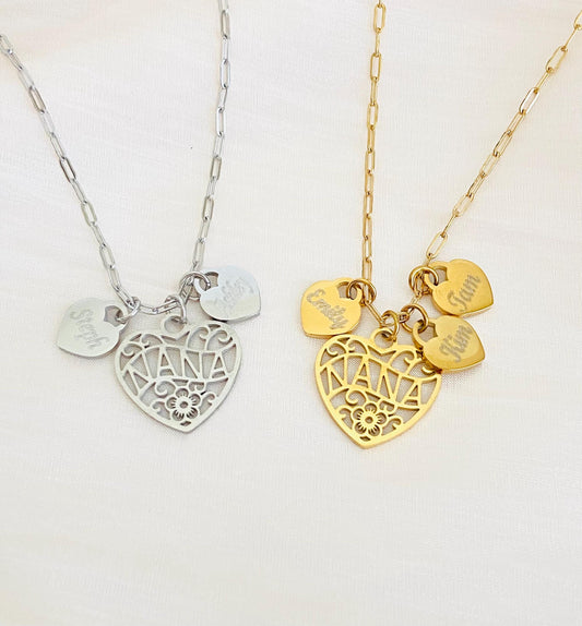 Personalized Nana Necklace with Engraved Heart Charms • Custom Grandma Necklace in Stainless Steel or Gold