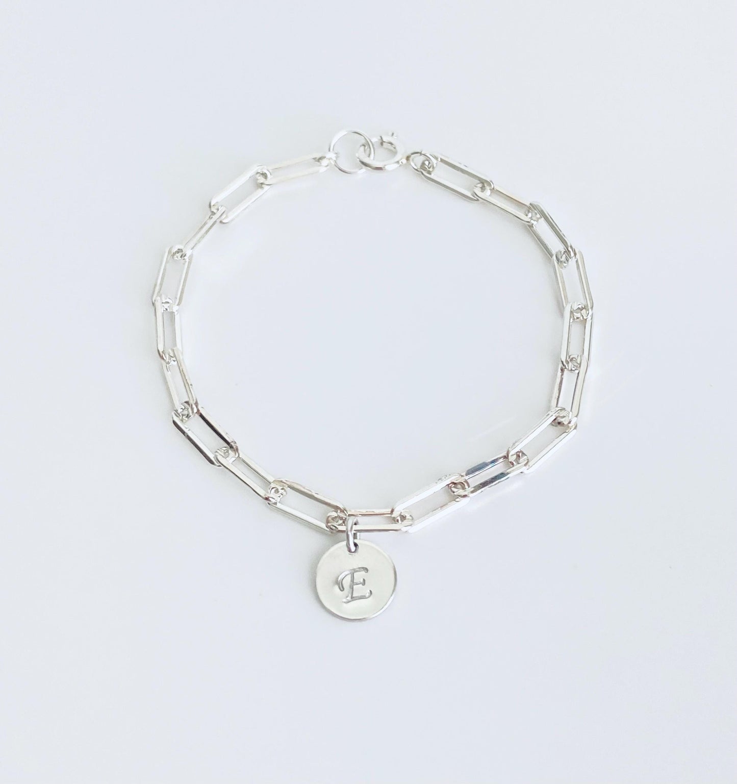 Sterling Silver Paperclip Chain Bracelet with Initial Charm • Personalized 925 Silver Letter Bracelet for Women