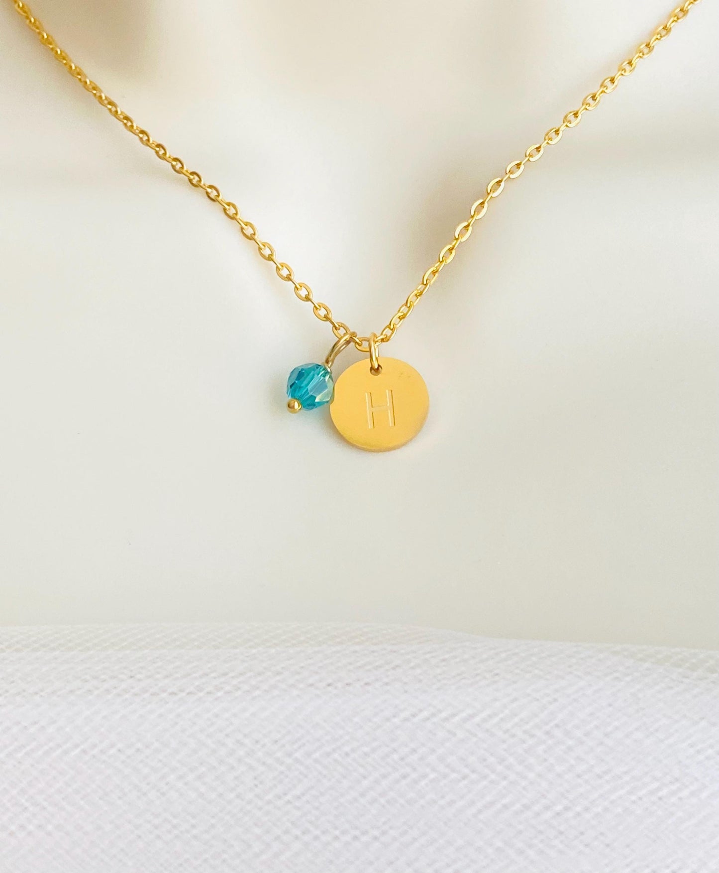 Stainless Steel Gold Initial Necklace with Swarovski Birthstone • Personalized Letter Pendant Necklaceold