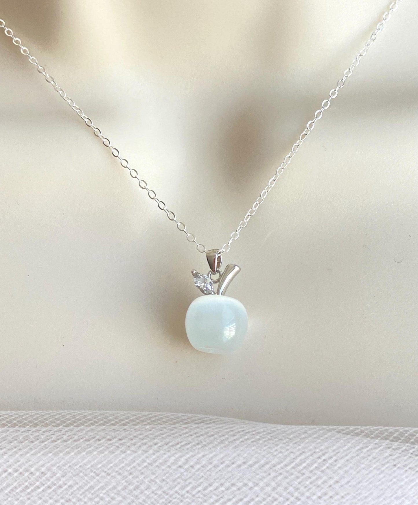 Sterling Silver Necklace with Cat’s Eye Apple Charm • 925 Silver Fruit Pendant Necklace