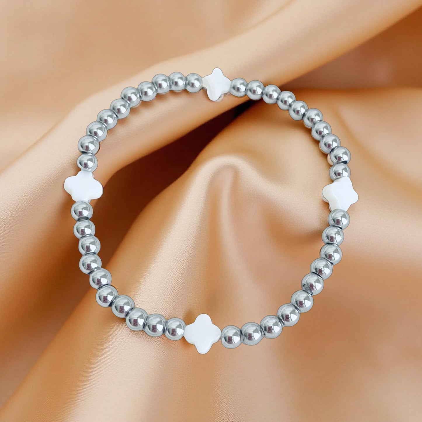 Stainless Steel Beaded Stretch Bracelet with Shell Clover Beads • Lucky Charm Jewelry for Women