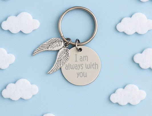 Personalized Stainless Steel Tag with Angel Wing Key Chain • Custom Engraved Guardian Keychain