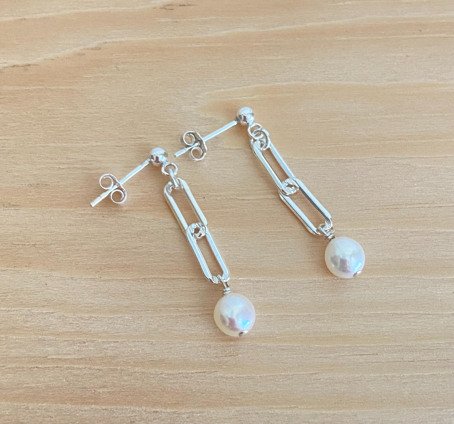 Sterling Silver Paperclip Dangle Earrings • Minimalist Earrings with Plain Link or Freshwater Pearl