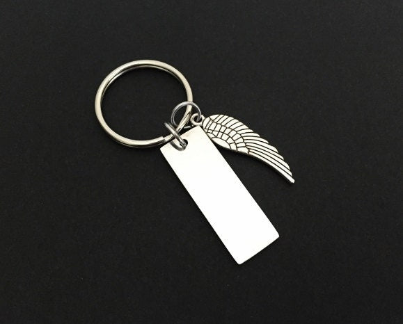 Personalized Angel Wing Keychain  • Custom Engraved Key Chain with Angel Wing Charm