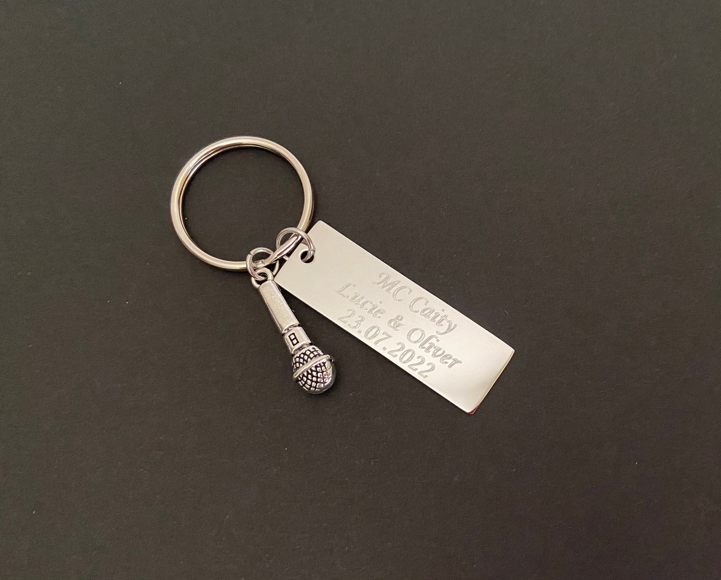 Personalized Key Chain with Microphone Charm • Custom Engraved Stainless Steel Keychain