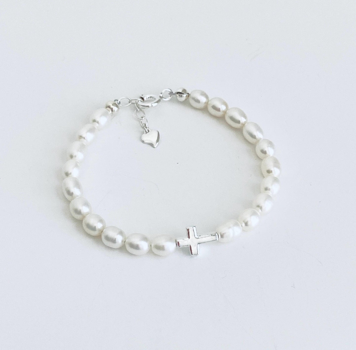 Adjustment Sterling Silver Cross Bracelet with White Freshwater Pearls • Christian Pearl Jewelry Gift