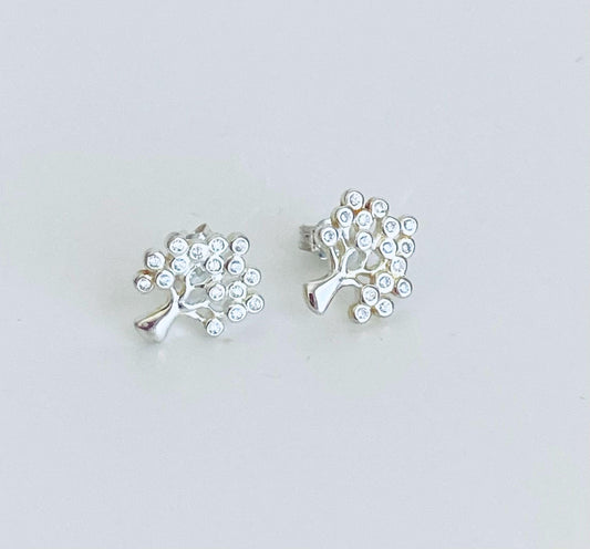 Sterling Silver Tree Stud Earrings with Tiny CZ  accent • 925 Silver Tree of Life Studs