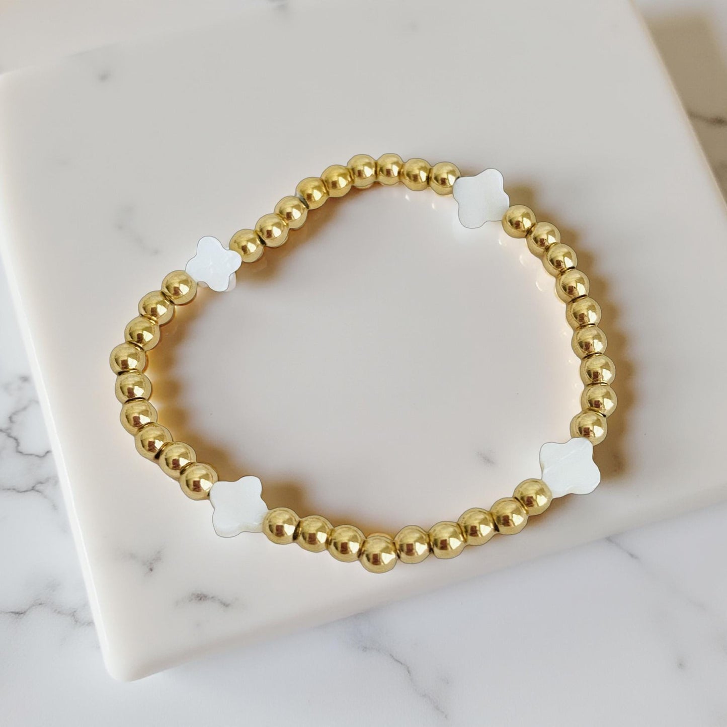 Stainless Steel Beaded Stretch Bracelet with Shell Clover Beads • Lucky Charm Jewelry for Women