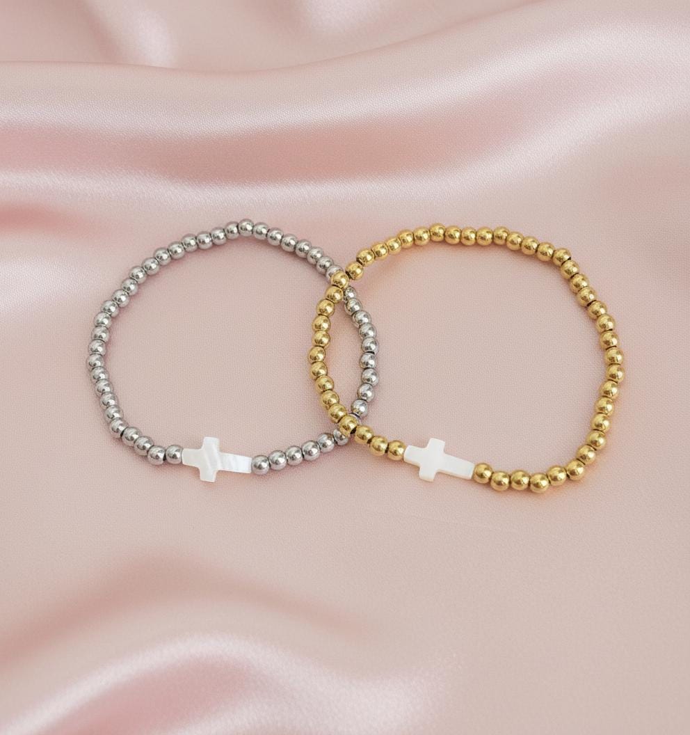 Stainless Steel Beaded Stretch Bracelet with Shell Cross • Christian Faith Jewelry Gift