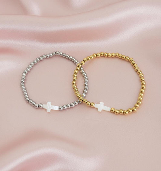 Stainless Steel Beaded Stretch Bracelet with Shell Cross • Christian Faith Jewelry Gift