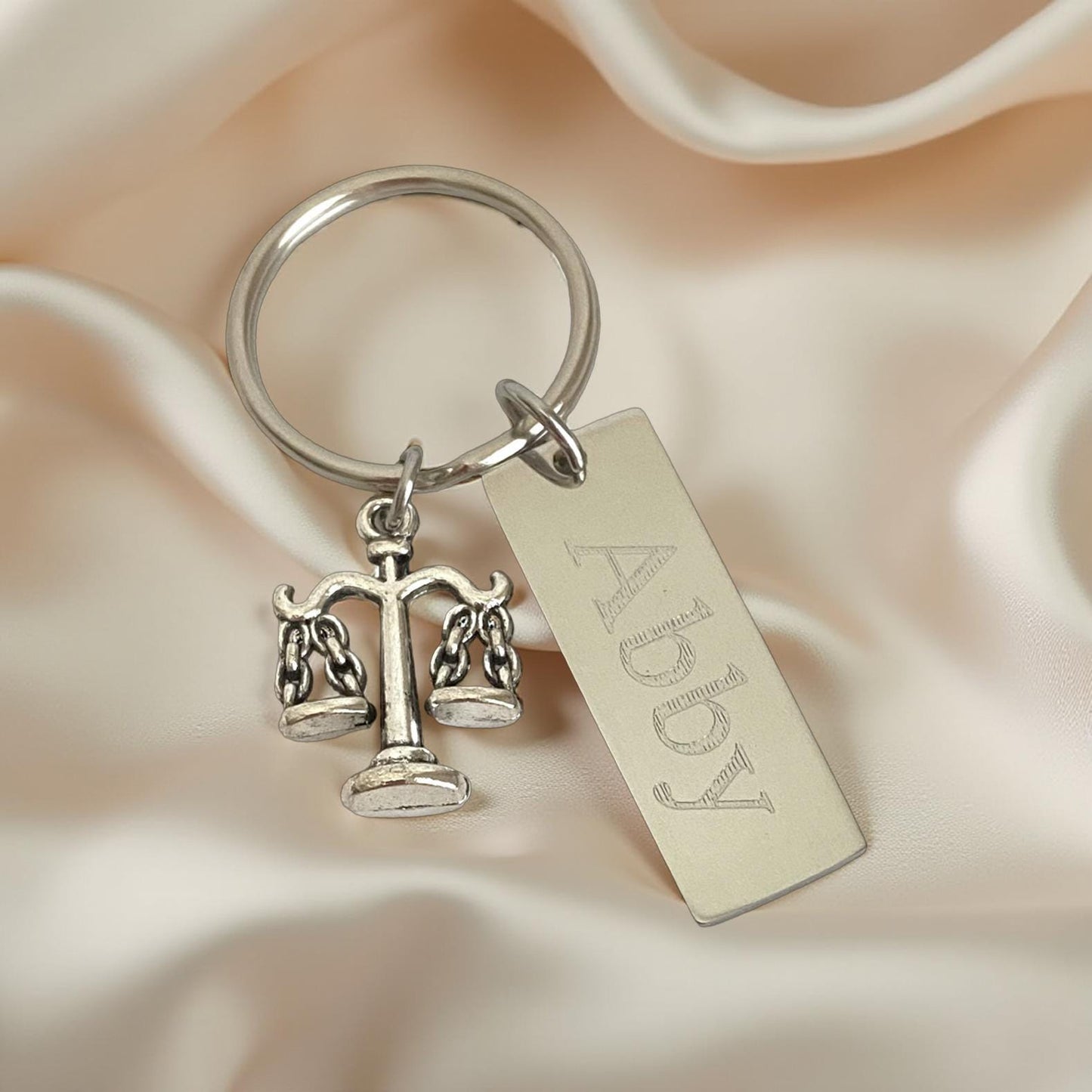 Personalized Stainless Steel Tag with Scale Charm • Custom Engraved Justice Keychain