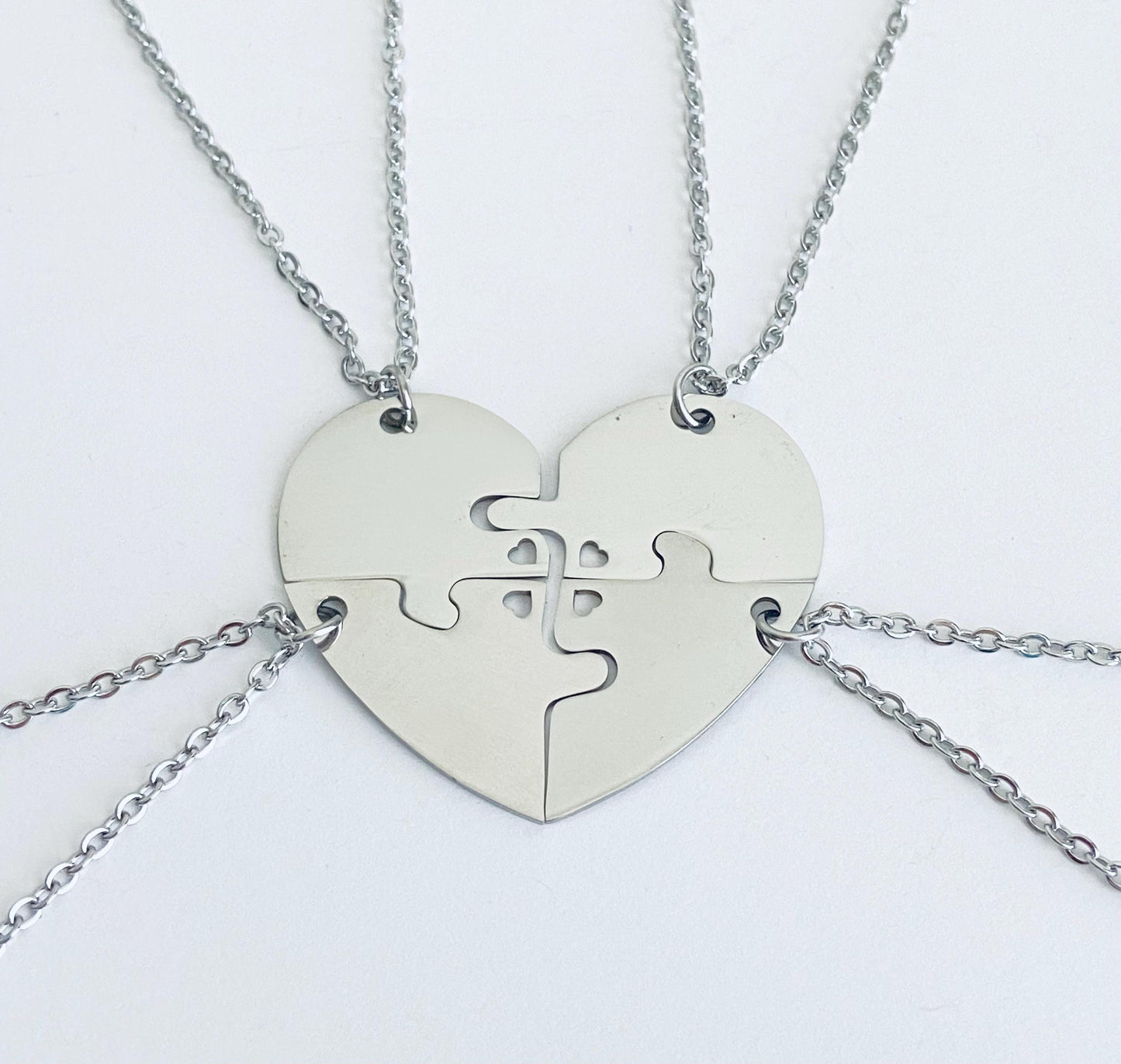 Personalized Stainless Steel 4-Piece Puzzle Necklace Set with Tiny Heart Cutout • Custom Engraved Matching Necklaces