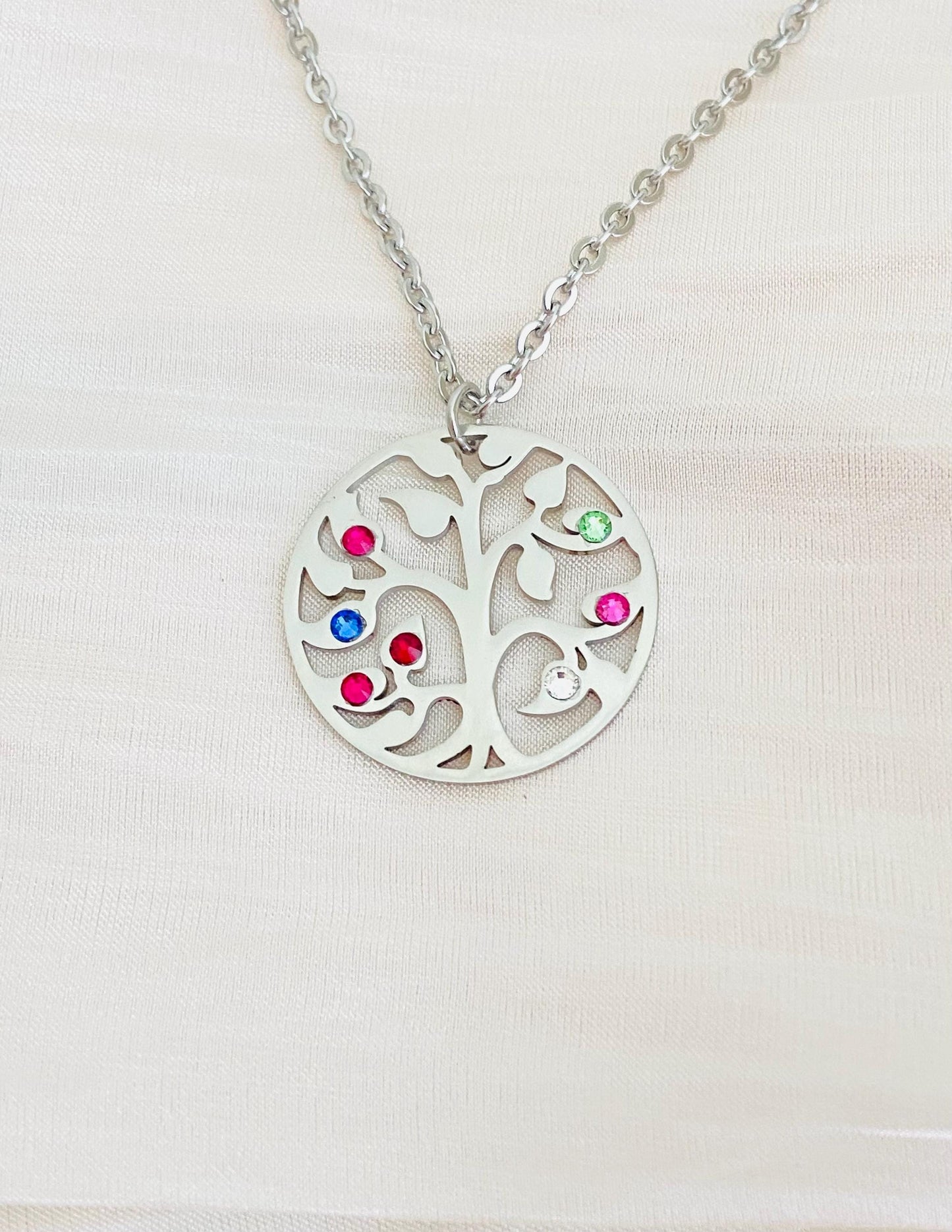 Stainless Steel Birthstone Family Tree Pendant Necklace • Personalized Family Jewelry