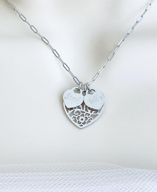 Personalized Nana Necklace with Engraved Heart Charms • Custom Grandma Necklace in Stainless Steel or Gold