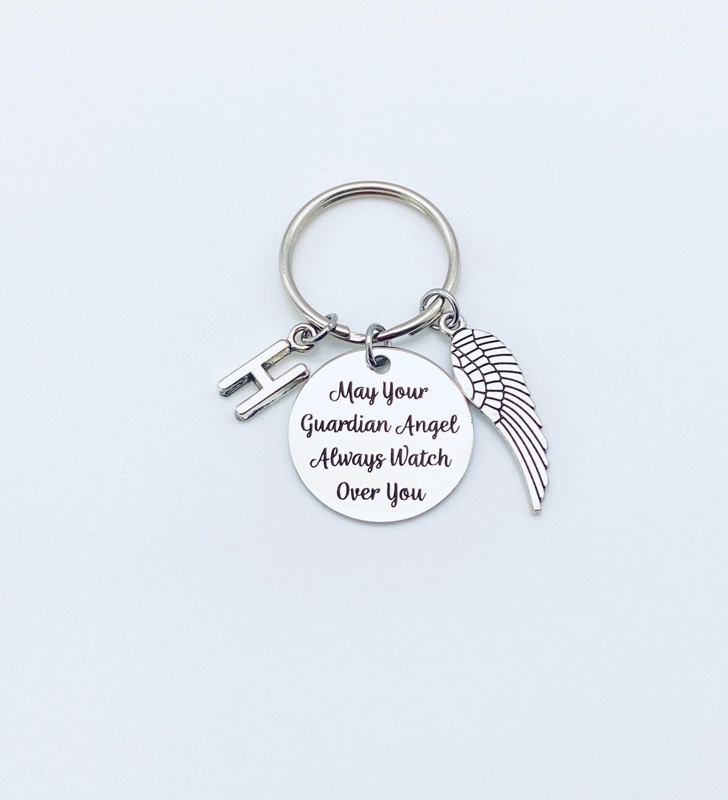 May Your Guardian Angel Always Watch Over You Key Chain with Initial and Angel Wing • Personalized Memorial Angel Keychain