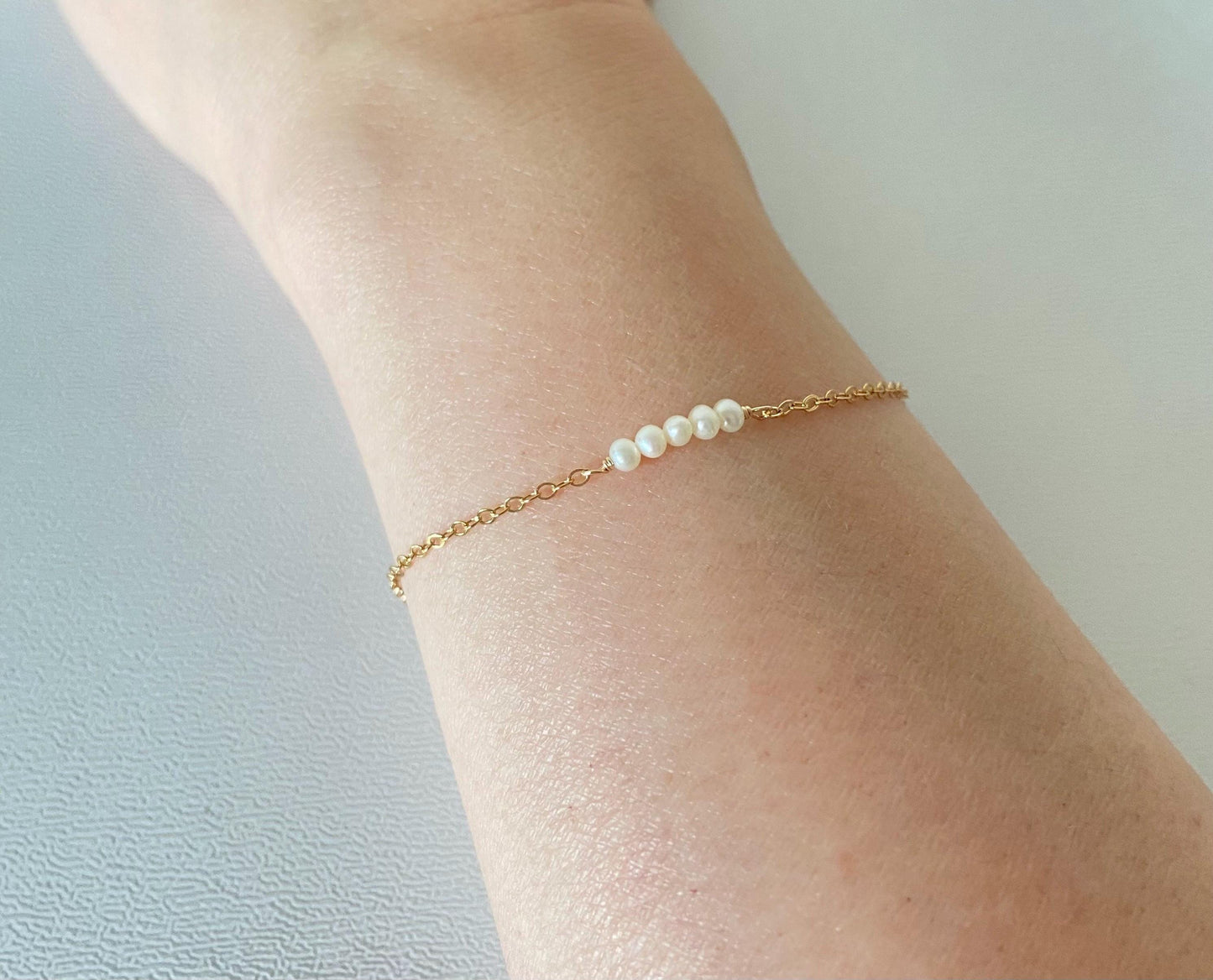 Tiny White Freshwater Pearl Bar Bracelet • Sterling Silver, Gold Filled or Rose Gold