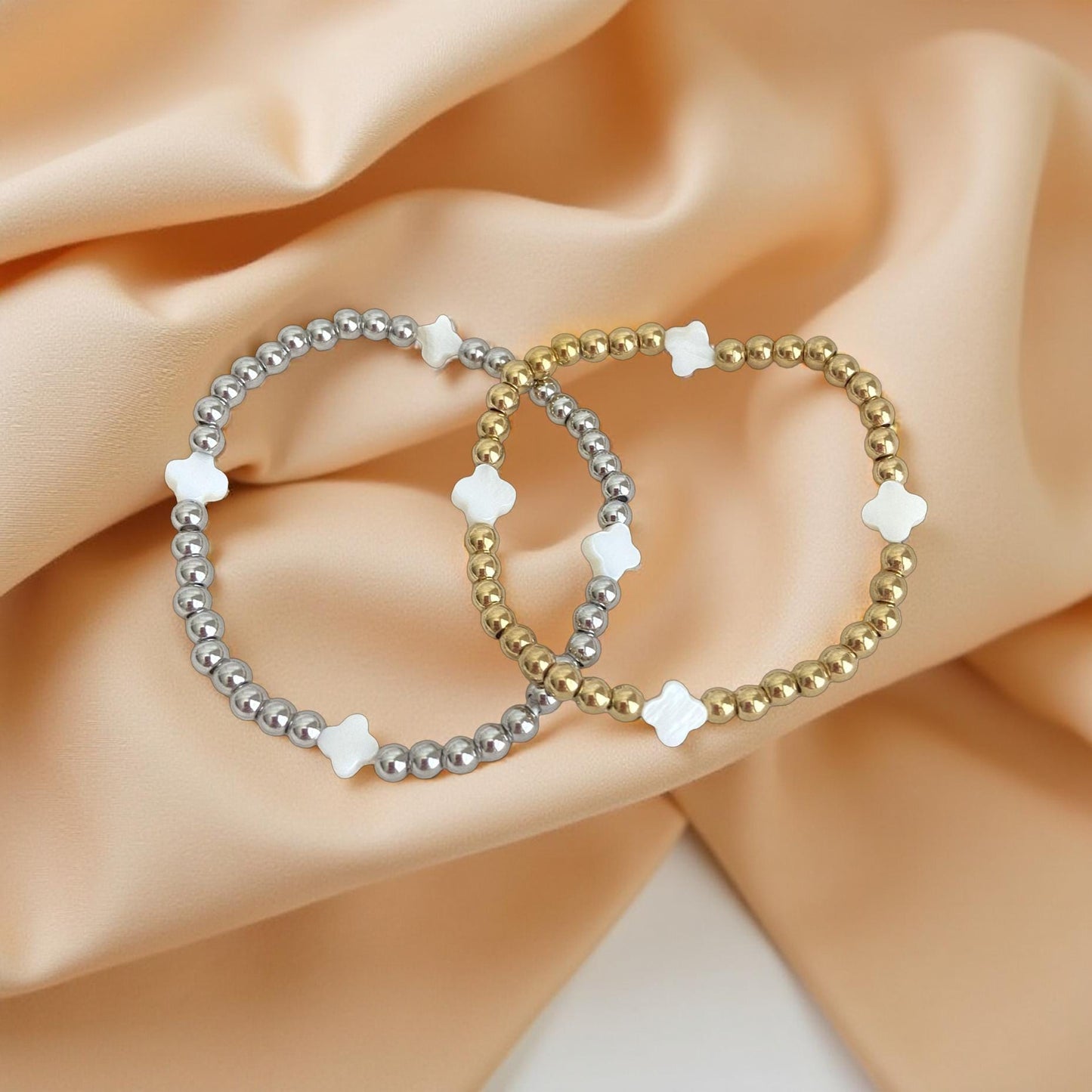 Stainless Steel Beaded Stretch Bracelet with Shell Clover Beads • Lucky Charm Jewelry for Women