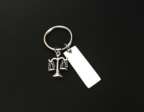 Personalized Stainless Steel Tag with Scale Charm • Custom Engraved Justice Keychain
