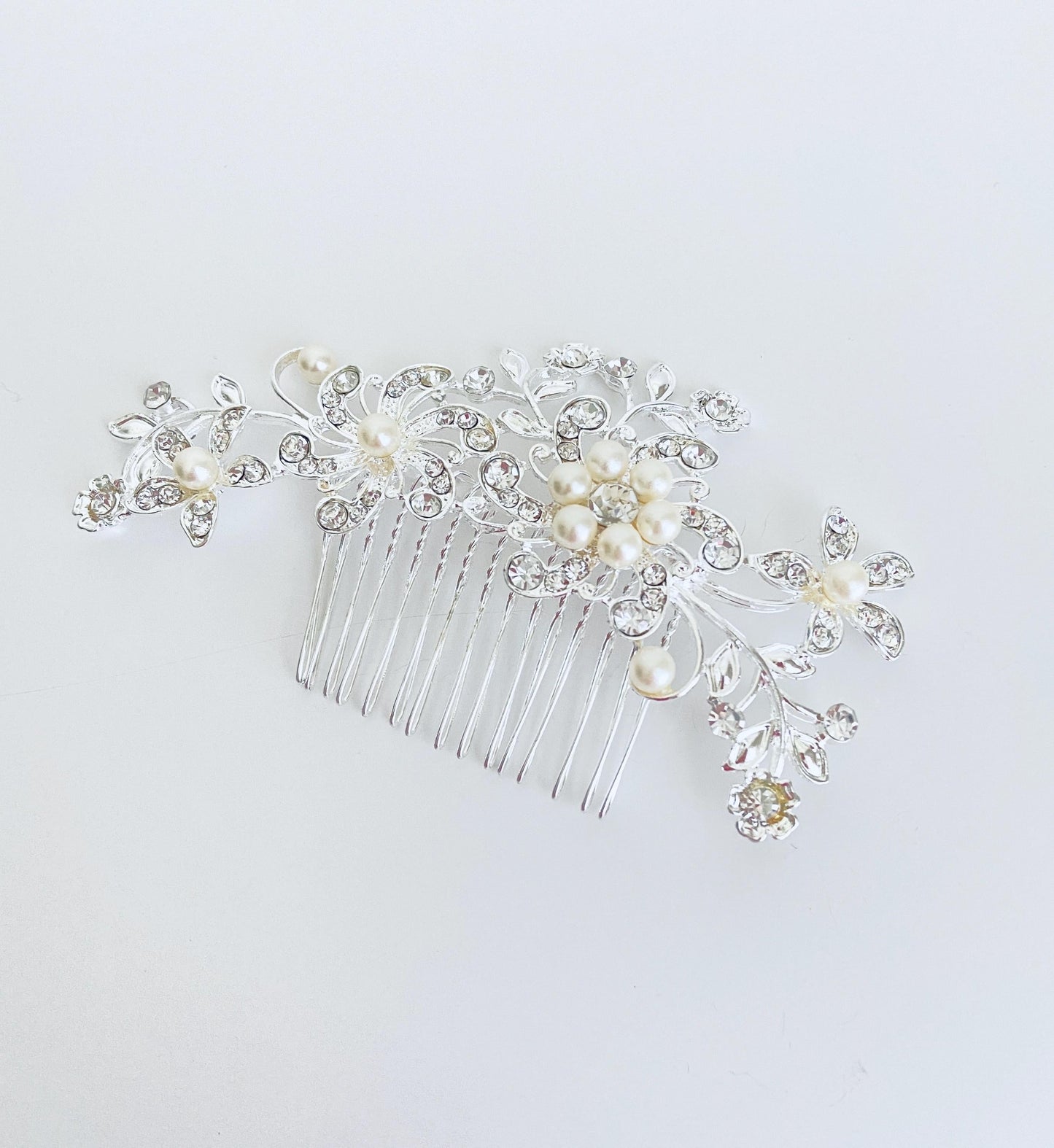 Rhinestone and Glass Pearl Floral Hair Comb • Bridal Wedding Hair Accessory for Bride & Bridesmaids