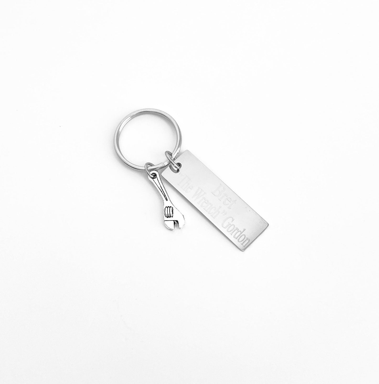 Personalized Key Chain with Wrench Charm • Custom Engraved Stainless Steel Tag Keychain